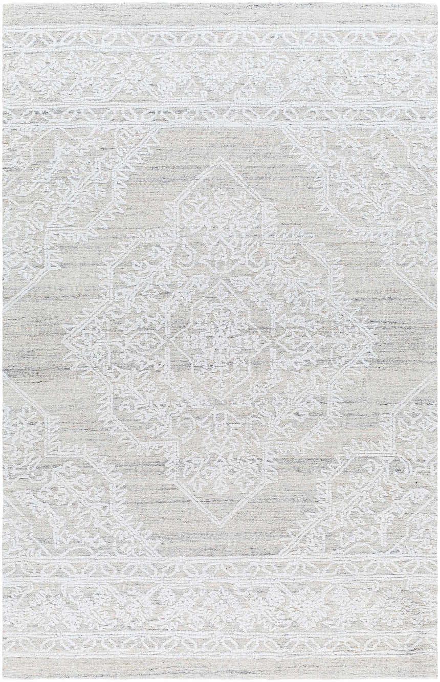 Close-up of the Denae Cream Area Rug featuring a traditional, floral-inspired pattern in gray and white hues. Design-Rectangle-576