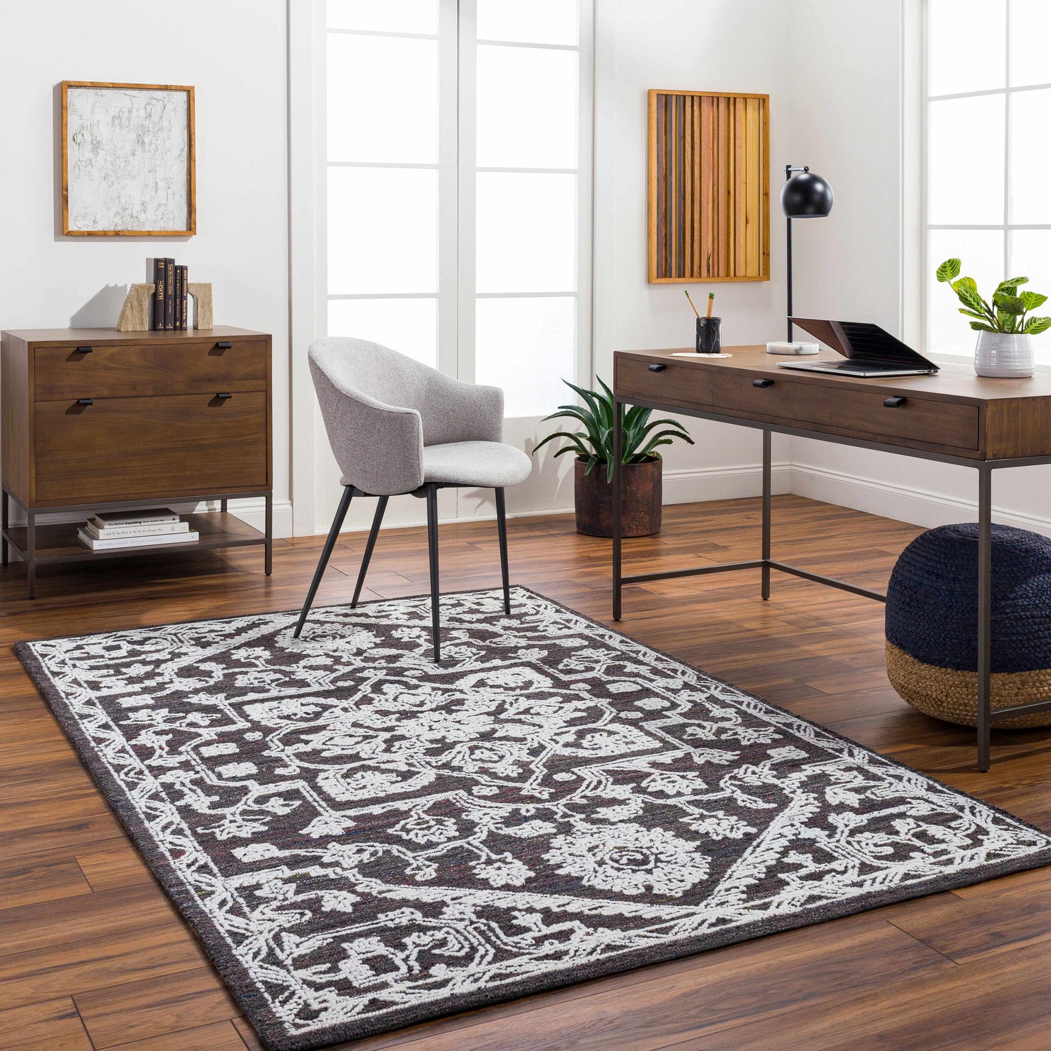 Bright home office with wood floors and Black Derya Area Rug, charcoal and light gray traditional design. Roomscene-Rectangle