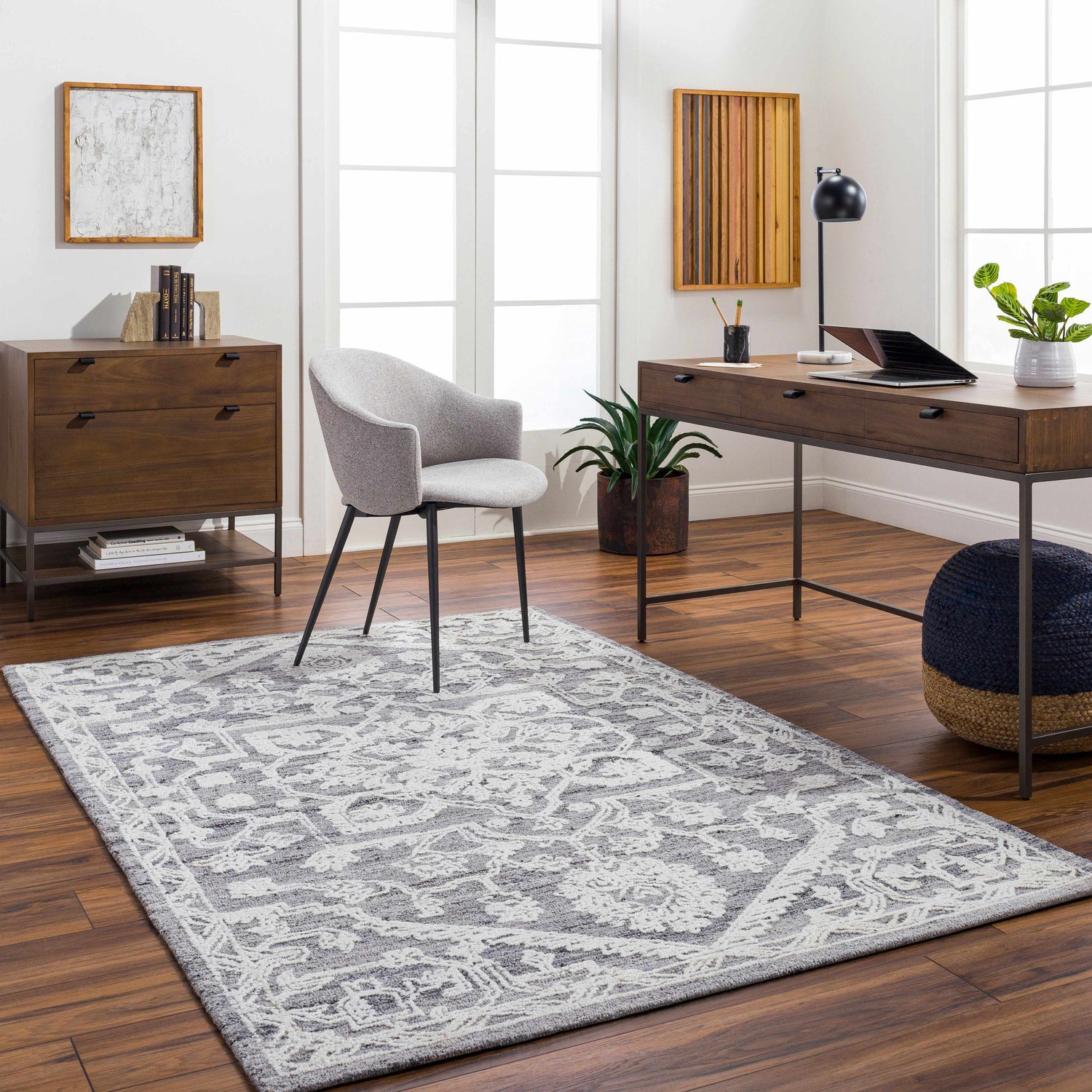 Home office with gray Blue Derya Area Rug, wood desk, gray chair, and wood floors. Traditional style. Roomscene-Rectangle