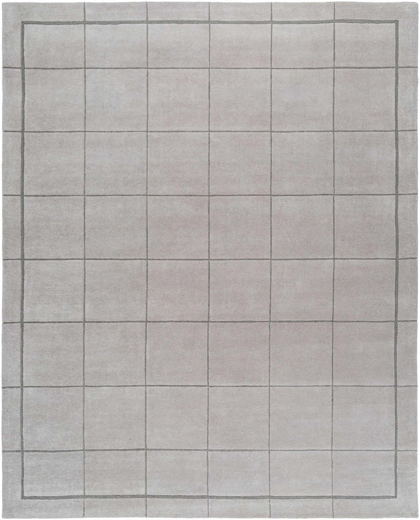 Close-up of the Siarl Gray Checkered Area Rug. Light gray wool rug with a subtle checkered pattern and border. Design-Rectangle-810