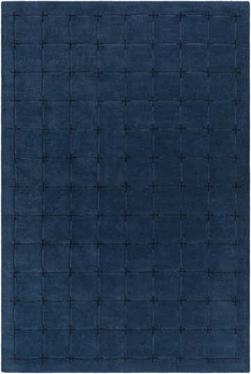 Close-up of the Sanvi Navy Wool Area Rug, featuring a contemporary grid pattern in navy and black. Hand-tufted texture. Design-Rectangle-576