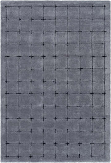 Close-up of the hand-tufted Sanvi Charcoal Area Rug. Soft, 100% wool rug with a contemporary black grid pattern on charcoal. Design-Rectangle-576