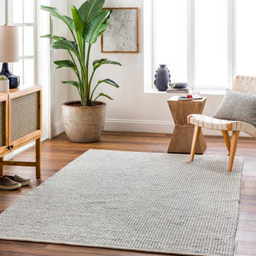 Living room scene with a gray Blaga Area Rug, wood floors, woven chair, and potted plant near a bright window. Roomscene-Rectangle