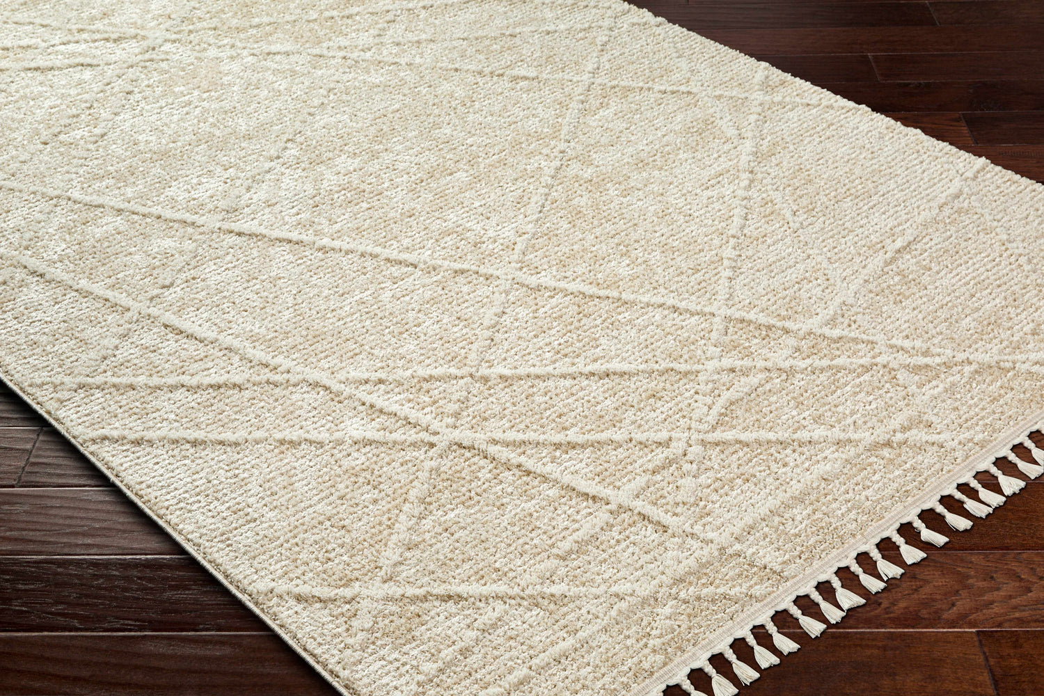 Close-up of Hosea Cream Area Rug showing beige geometric pattern, soft texture, and tassel detail on dark wood floor. Corner