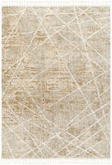 Close-up of the Hosea Brown Area Rug, featuring a geometric diamond pattern and tassel fringe in beige, bone, and brown tones. Design-Rectangle-537