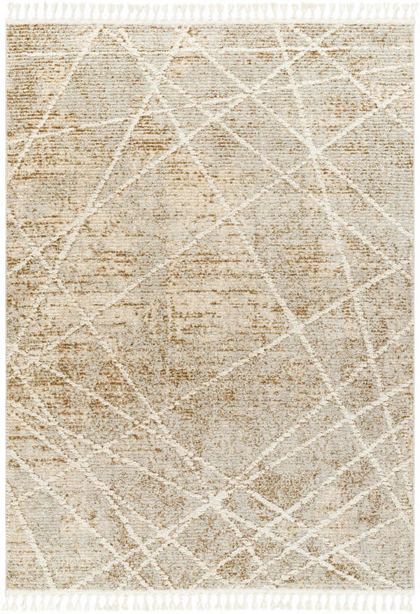Close-up of the Hosea Brown Area Rug, featuring a geometric diamond pattern and tassel fringe in beige, bone, and brown tones. Design-Rectangle-537
