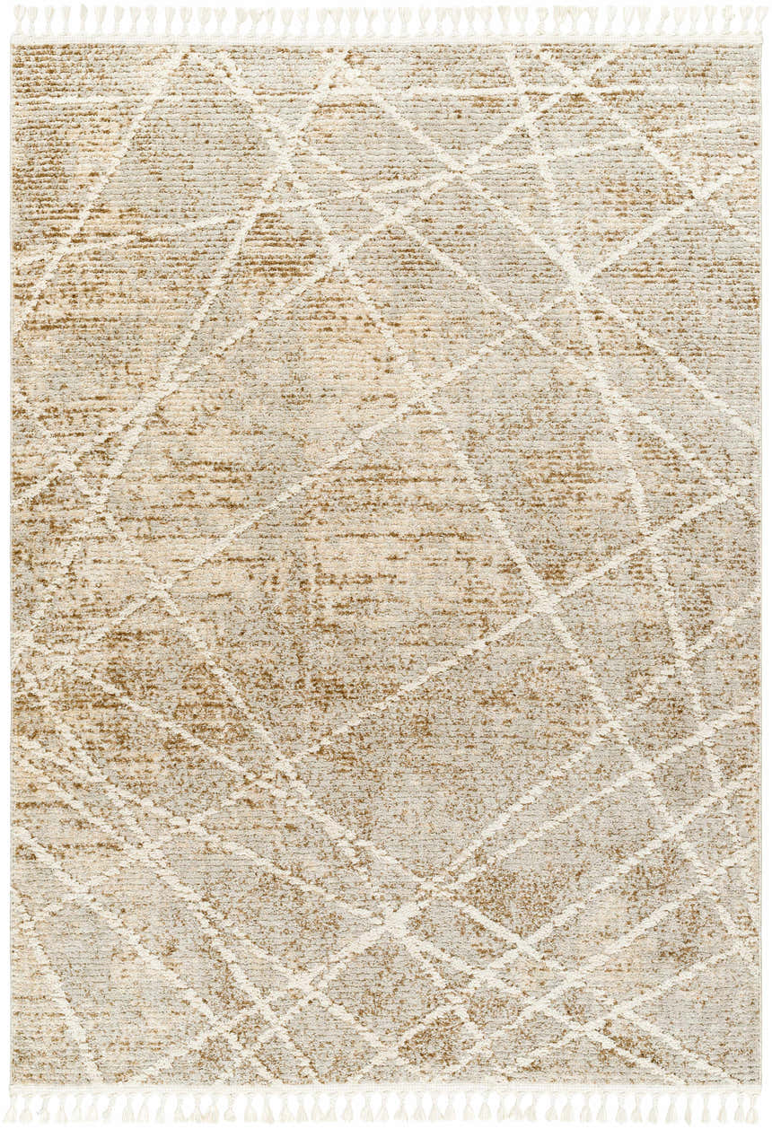 Close-up of the Hosea Brown Area Rug, featuring a geometric diamond pattern and tassel fringe in beige, bone, and brown tones. Design-Rectangle-537