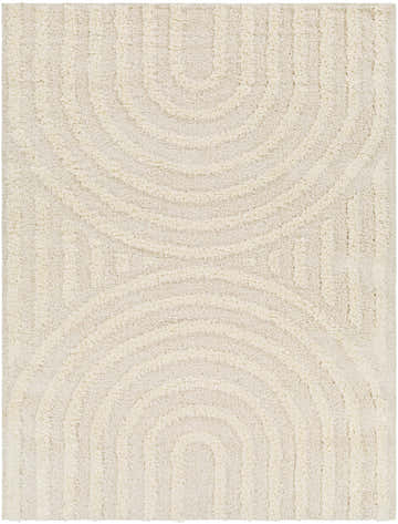 Close-up of the Arnel Cream Area Rug featuring a geometric arch pattern and soft, shag texture. Design-Rectangle-537