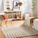Kids room scene with Arnel Beige Area Rug, white shelving, toys, and modern decor. Roomscene-Rectangle