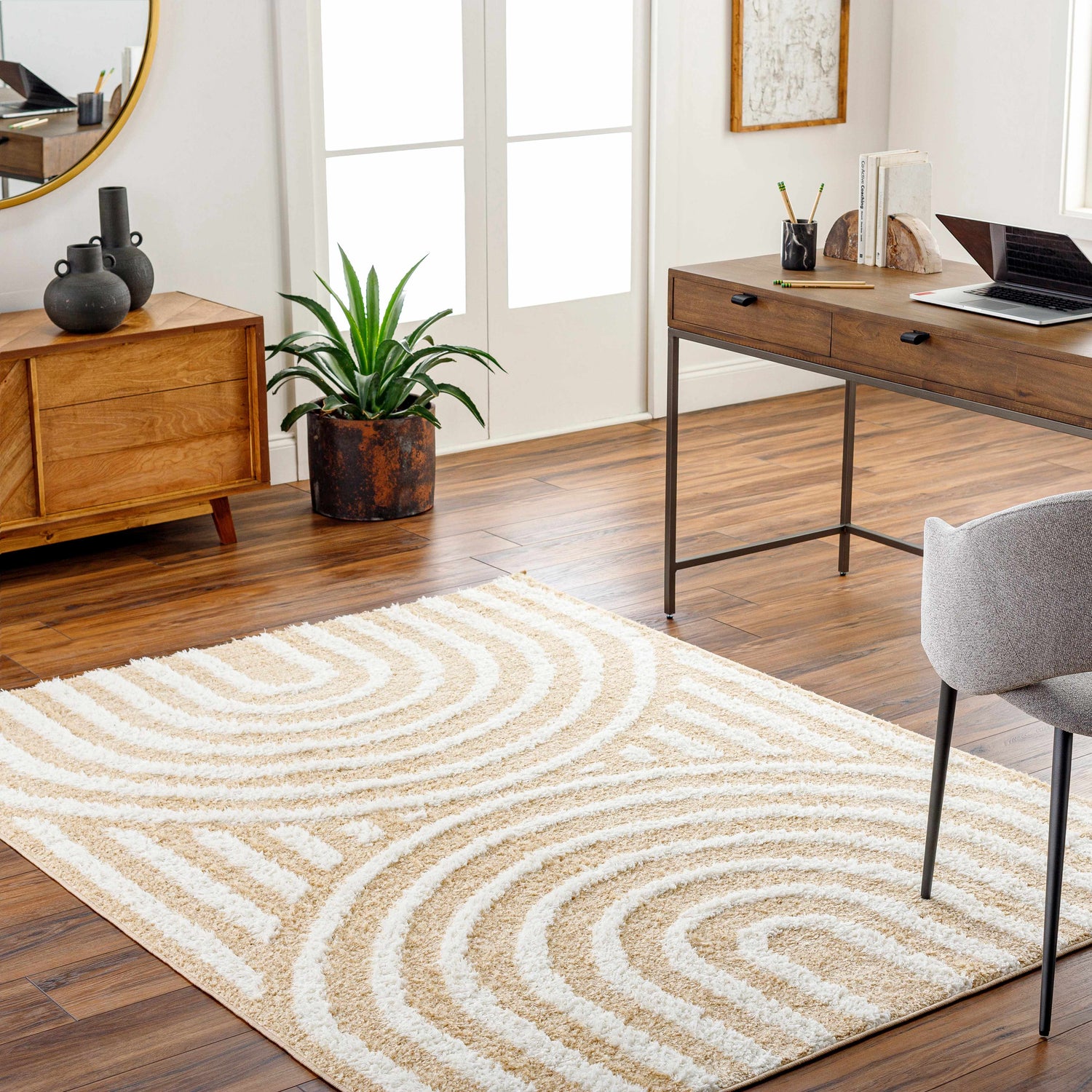 Home office with wood desk and Arnel Beige Area Rug featuring a geometric bone and beige pattern. Roomscene-Rectangle