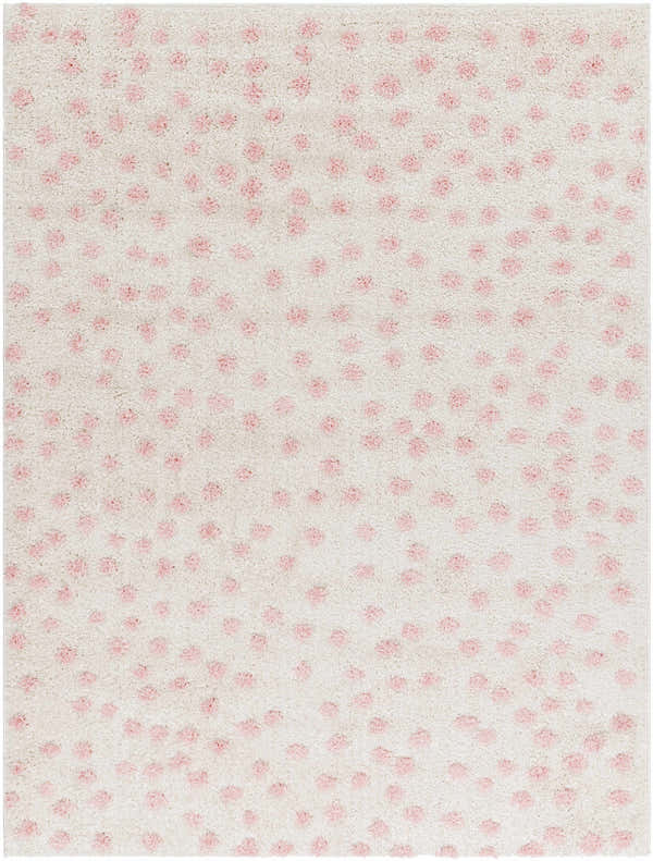 Close-up of the Bernt Beige Area Rug with a soft beige base and pale pink tufted dot pattern. Design-Rectangle-537