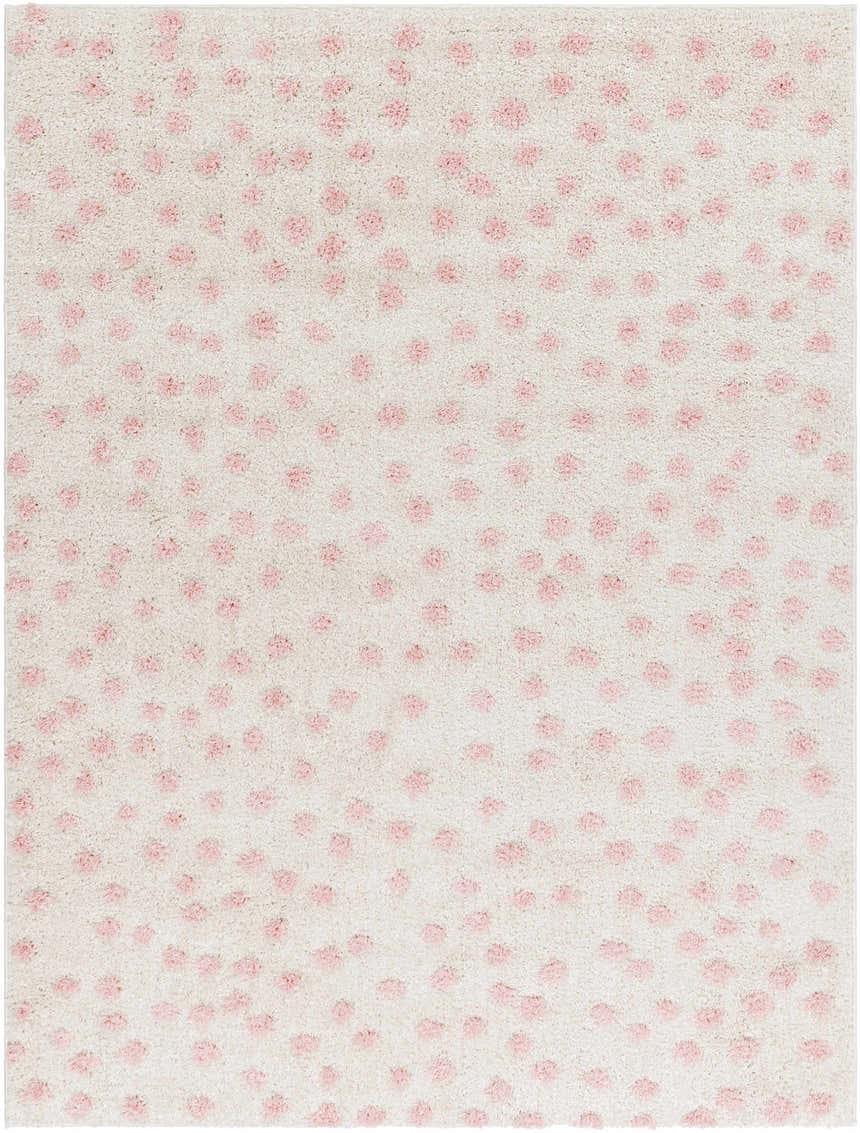 Close-up of the Bernt Beige Area Rug with a soft beige base and pale pink tufted dot pattern. Design-Rectangle-537