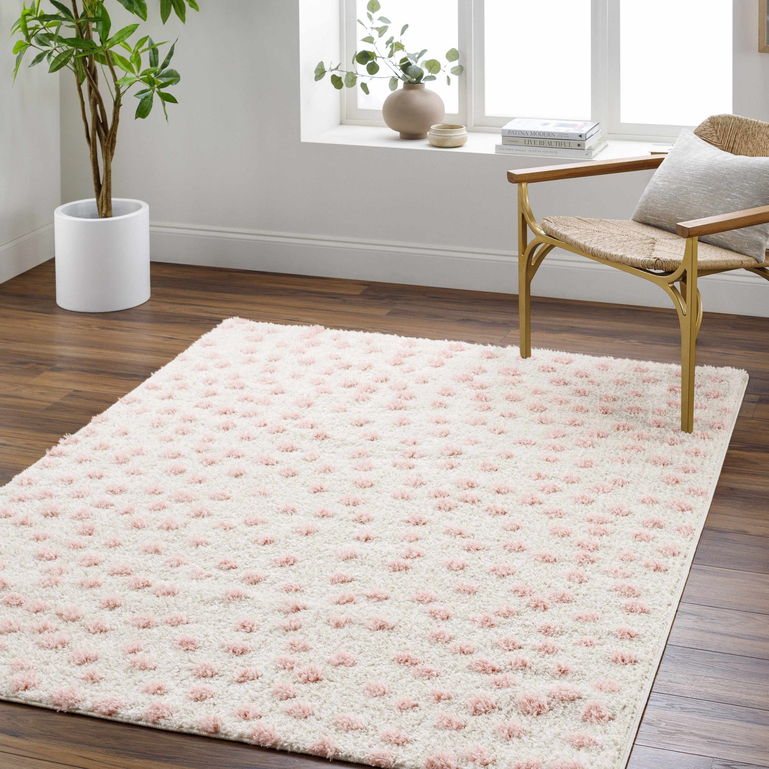 Living room scene with a Bernt Beige Area Rug, a woven chair, and a potted plant near a window. Roomscene-Rectangle
