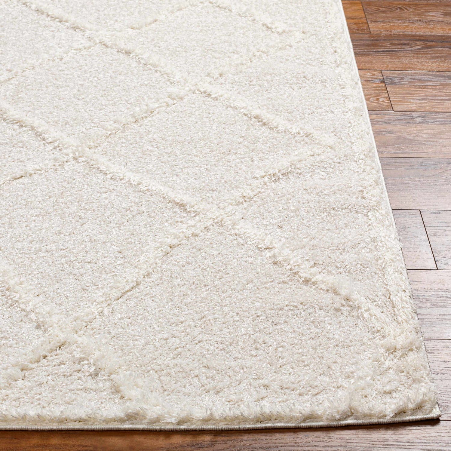 Close-up of the plush, cloud gray Daube Area Rug with a subtle geometric pattern on a wood floor. Front