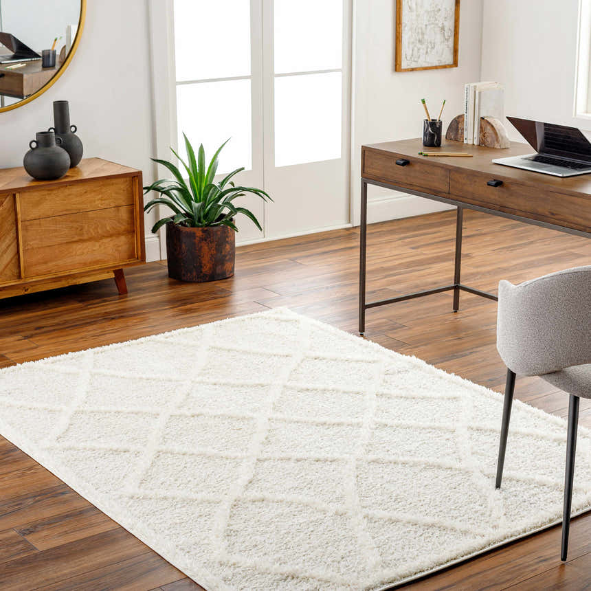 Home office with wood desk and Daube Area Rug, a cloud gray shag rug with geometric pattern. Roomscene-Rectangle
