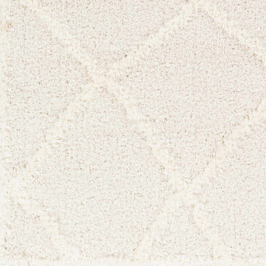 Close-up of the plush, cloud gray Daube Area Rug with subtle geometric shag design and soft texture. Swatch