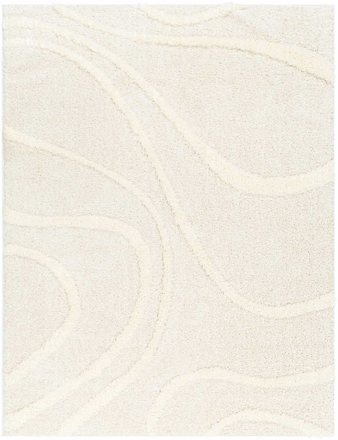 Close up of the Horst Off White Area Rug showing its shag texture and subtle, swirling pattern. Design-Rectangle-537