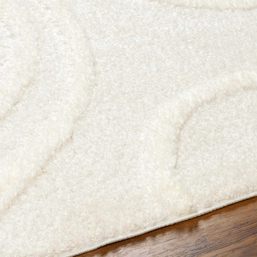 Close-up of the Horst Off White Area Rug showing its plush shag texture and subtle, carved contemporary design. Texture