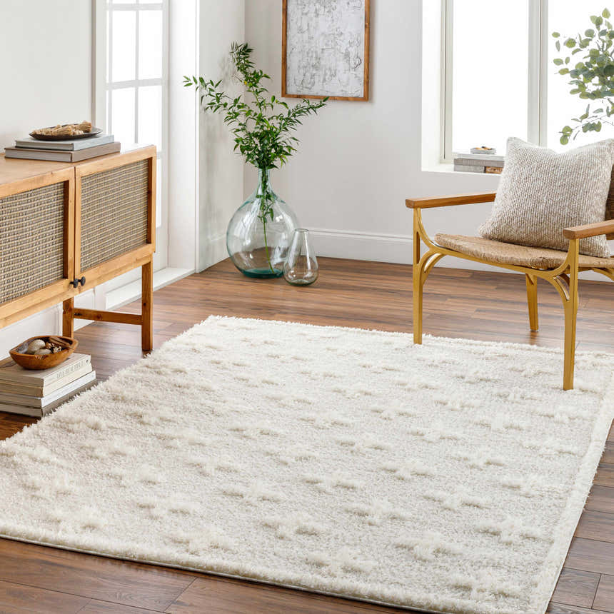 Living room scene with a bone Satu Cream Area Rug, wood console table, and gold accent chair. Roomscene-Rectangle