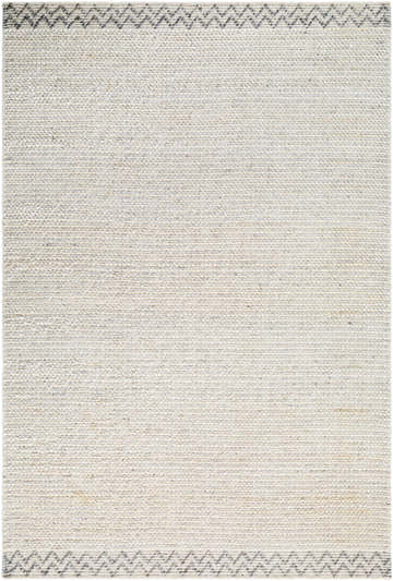 Close-up of the hand woven Fadia Area Rug. Neutral rug with cloud gray and dark gray zig zag border. Design-Rectangle-576