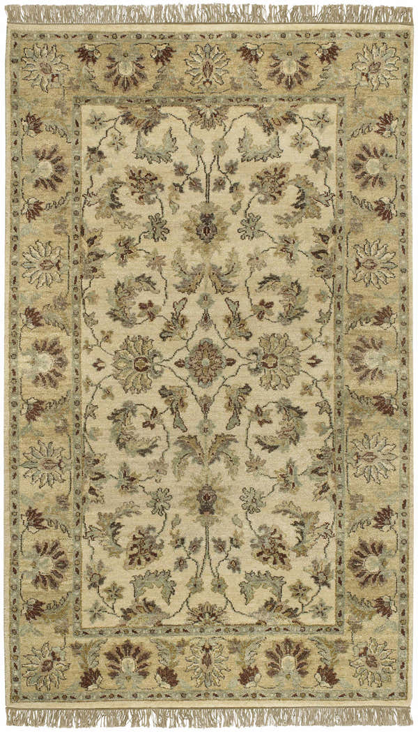 Close-up of the Estate EST-10505 area rug. Hand-knotted NZ wool with traditional floral design in beige, brown, and green tones. Design-Rectangle-58