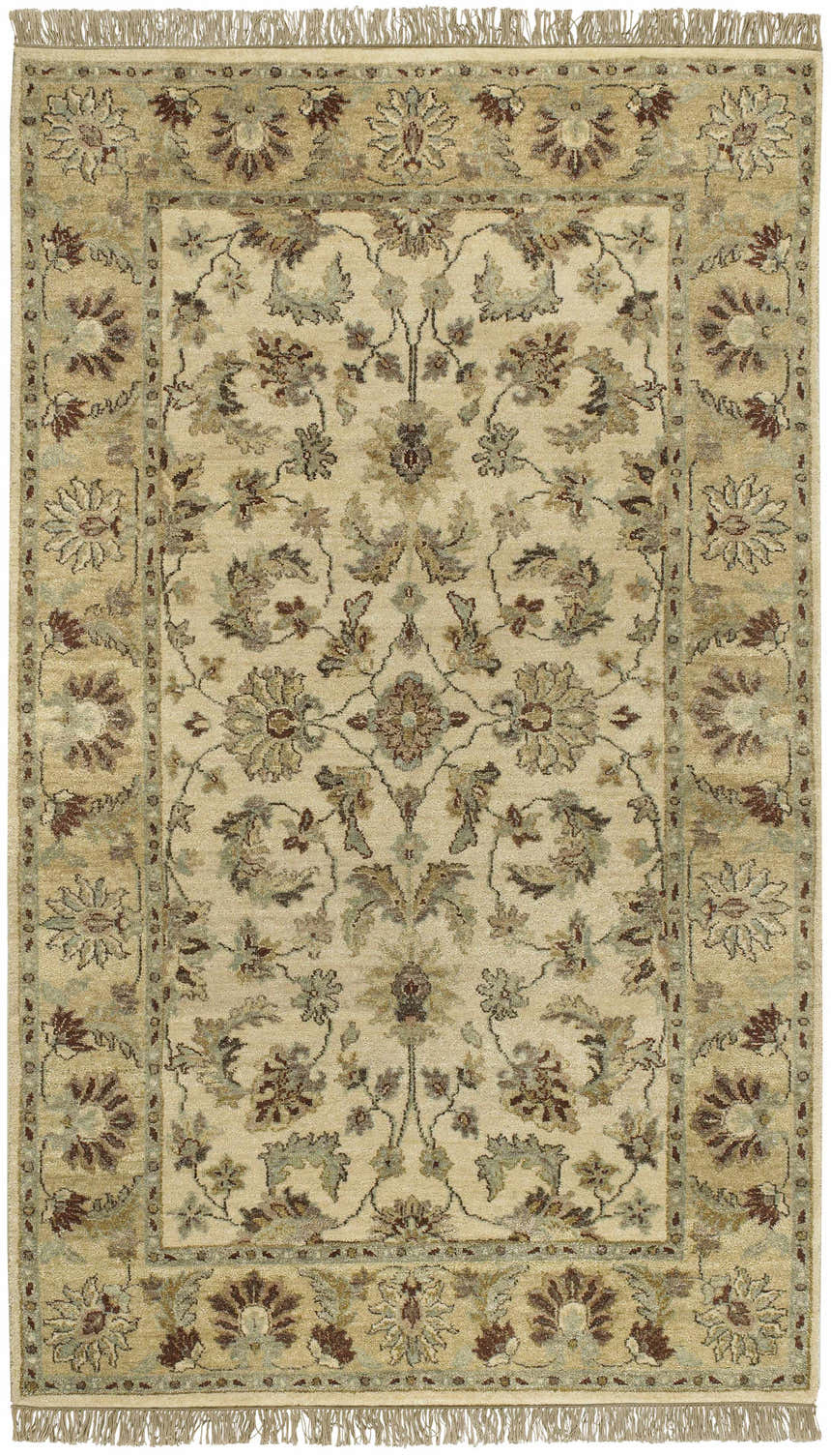 Close-up of the Estate EST-10505 area rug. Hand-knotted NZ wool with traditional floral design in beige, brown, and green tones. Design-Rectangle-58