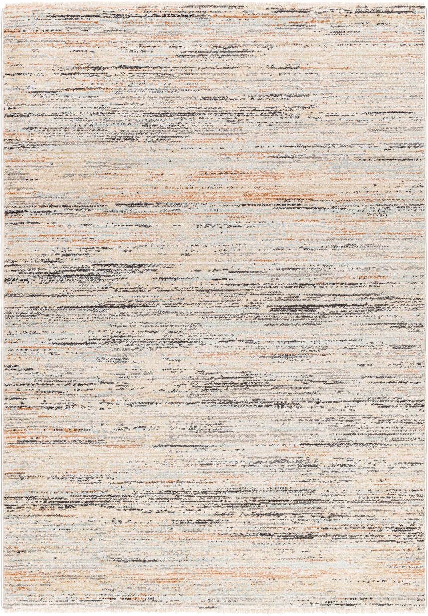 Close-up of Fizza Area Rug with a contemporary design in beige, bone, camel, and gray hues. Machine woven texture. Design-Rectangle-53710