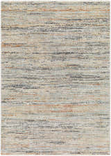 Close-up of the Fizza Area Rug. Beige rug with contemporary horizontal stripes in bone, camel, gray, and hints of blue. Design-Rectangle-5377