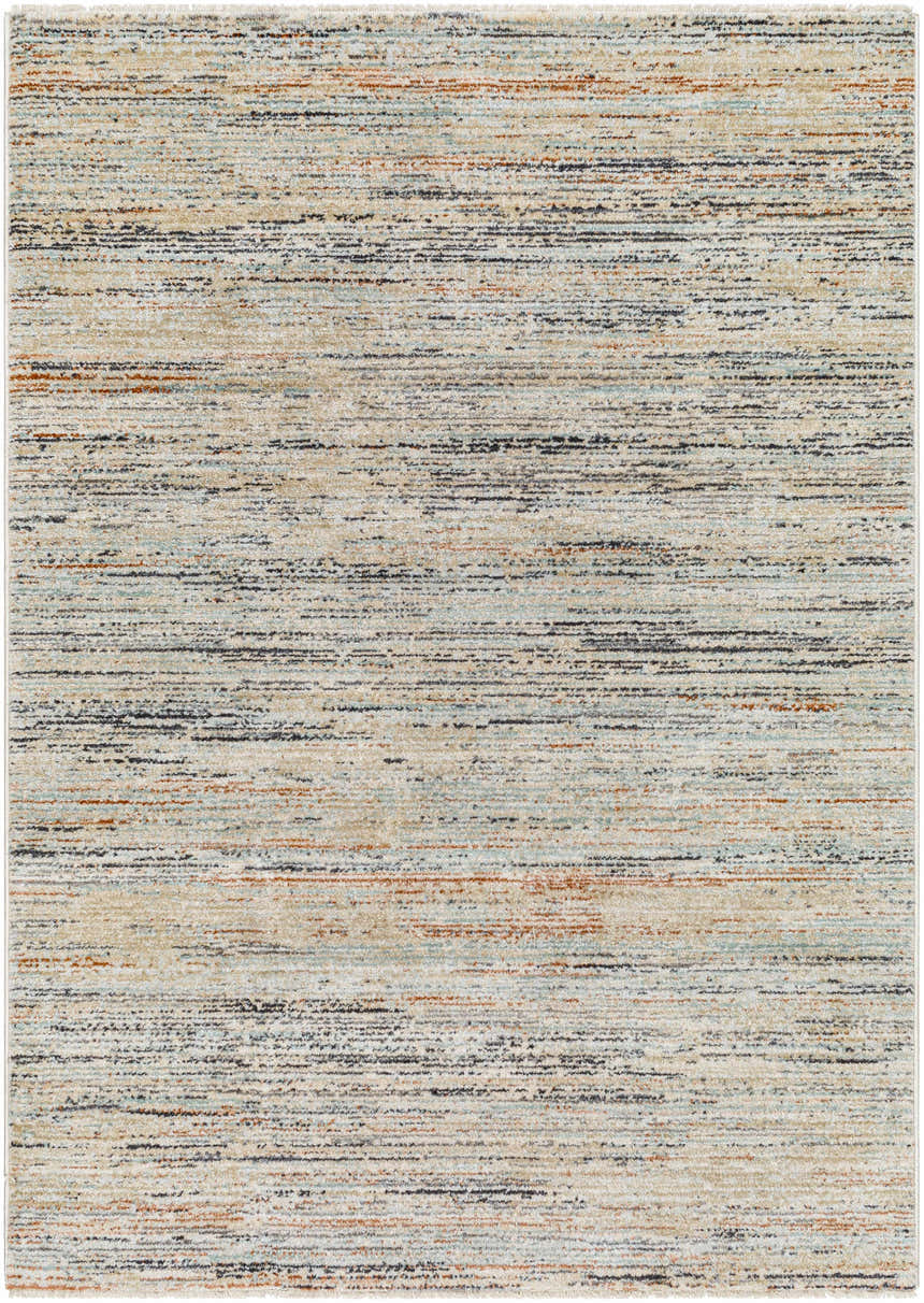 Close-up of the Fizza Area Rug. Beige rug with contemporary horizontal stripes in bone, camel, gray, and hints of blue. Design-Rectangle-5377