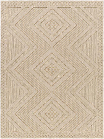 Close-up of the Aimee Lambswool Area Rug. Features a contemporary diamond pattern in camel and light brown hues. Machine woven texture. Design-Rectangle-537