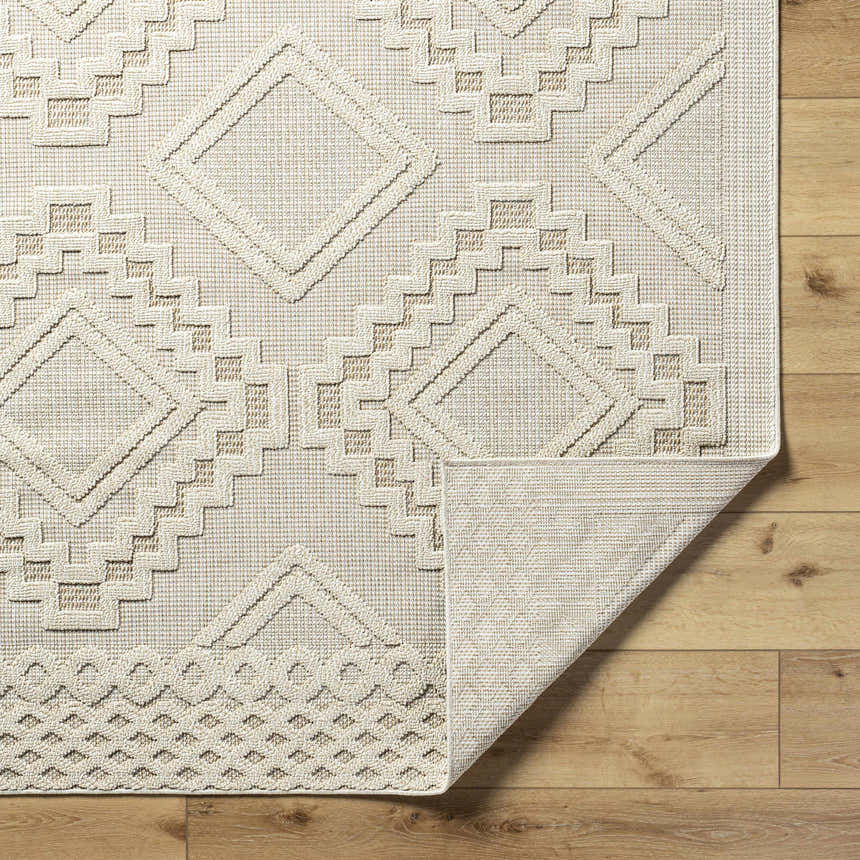 Close-up of the Arwid Bone Area Rug showing geometric, raised pattern and woven texture. Beige and bone colors. Fold