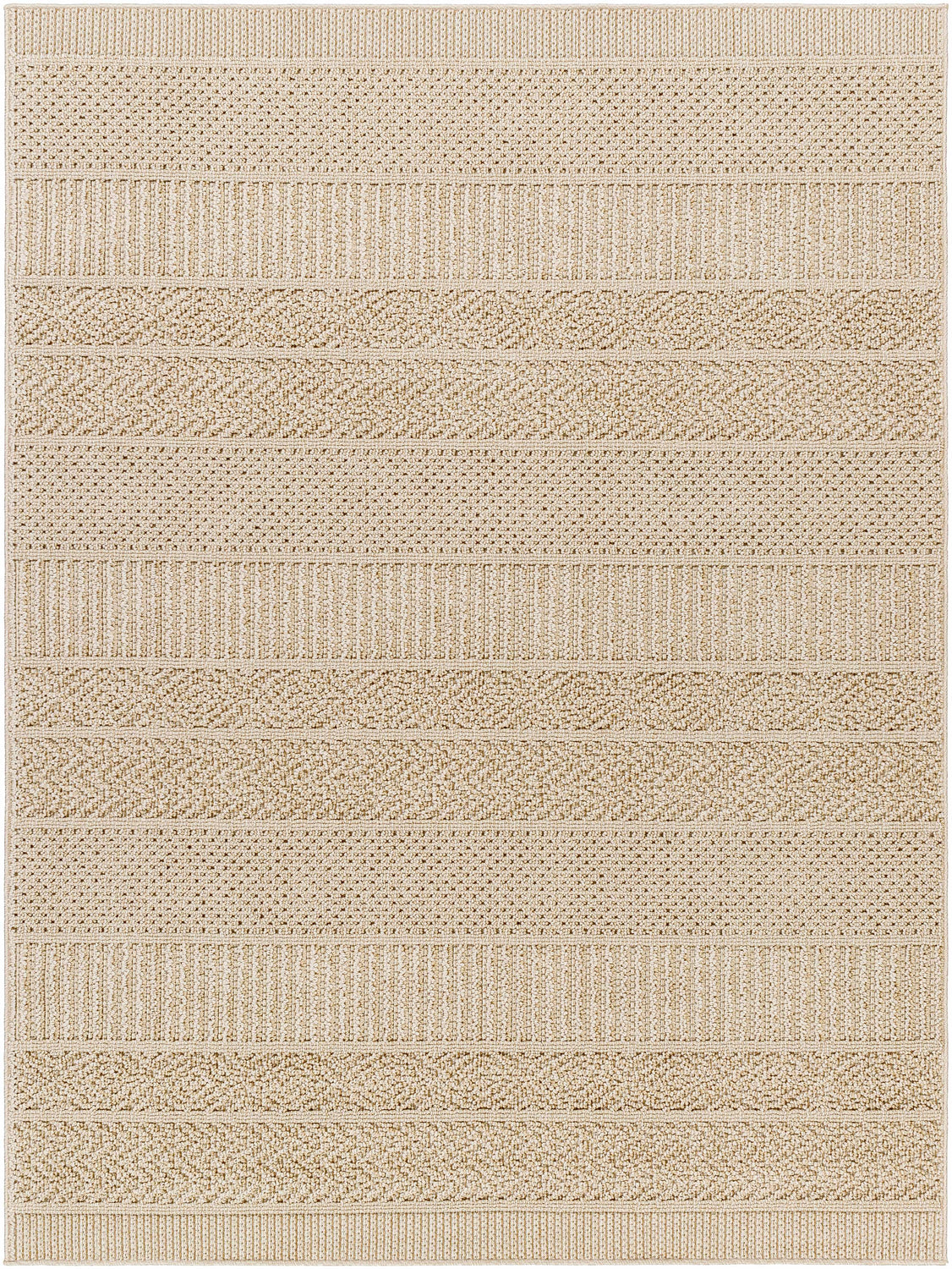 Close-up of the Corom Beige Area Rug, featuring a textured, striped pattern in beige, bone, and light brown hues. Design-Rectangle-537