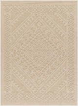 Close-up of the Hibah Bone Area Rug featuring a geometric diamond pattern in beige and bone hues. Contemporary style. Design-Rectangle-537