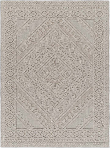 Close-up of the Hibah Natural Gray Area Rug, featuring a geometric diamond pattern and subtle texture. Design-Rectangle-537