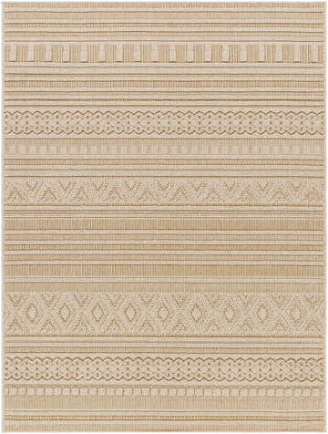 Close-up of the Kojo Lambswool Area Rug showing a geometric stripe pattern in camel, beige, and brown tones. Design-Rectangle-537