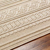 Close-up of the Kojo Lambswool Area Rug showing its textured, contemporary design in camel and light brown tones. Texture