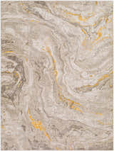 Close-up of Akins Beige Marble Rug. Contemporary style rug with beige, gray, and mustard marble pattern. Machine woven texture. Design-Rectangle-537