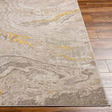 Close-up of Akins Beige Marble Rug showing its contemporary design, beige, gray, and gold colors, and soft texture. Front