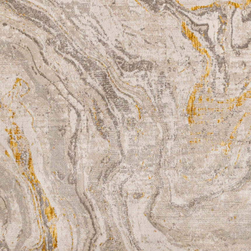 Close-up of Akins Beige Marble Rug showing its swirling gray, beige, and mustard marble-like pattern and soft texture. Swatch