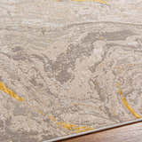Close-up of the Akins Beige Marble Rug, showcasing its contemporary design, beige, gray, and subtle mustard tones. Texture