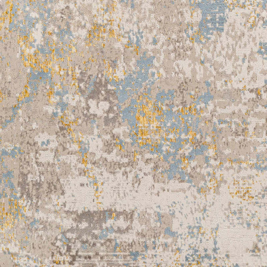 Close-up of the Bella Area Rug in Beachhouse, Copper, Faded Driftwood, Nutmeg, and Smoke colors. Contemporary style, machine woven. Swatch