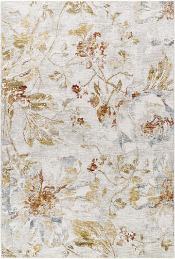 Close-up of the Nasia Area Rug featuring a floral pattern in camel, light gray, light silver, and warm gray hues. Design-Rectangle-6796