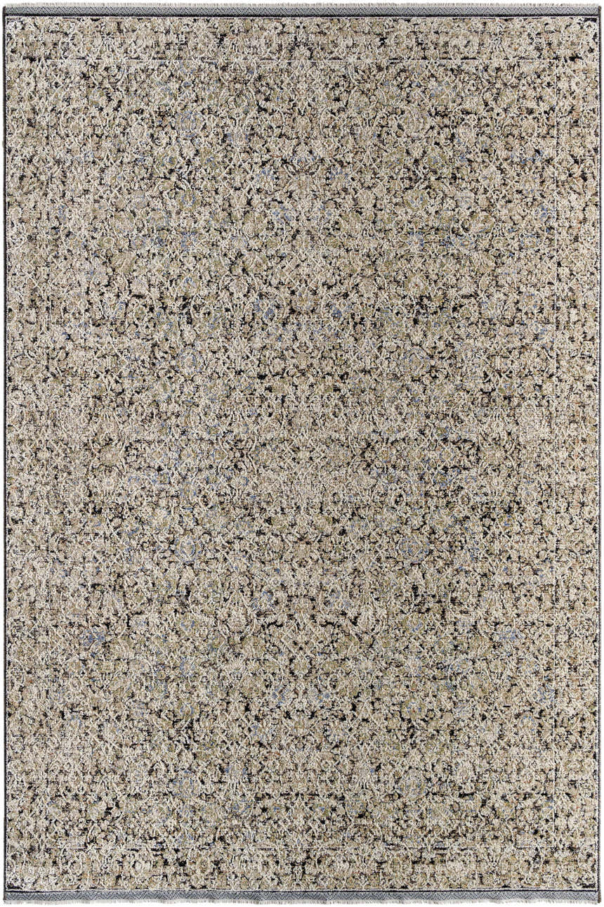Close-up of the Haran Cloud Gray Area Rug. Machine-woven polyester rug with a farmhouse style floral pattern in cloud gray and medium gray. Design-Rectangle-6796