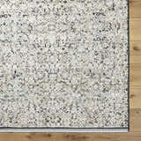 Close-up of the Haran Cloud Gray Area Rug showing its farmhouse style pattern and textured polyester material. Corner