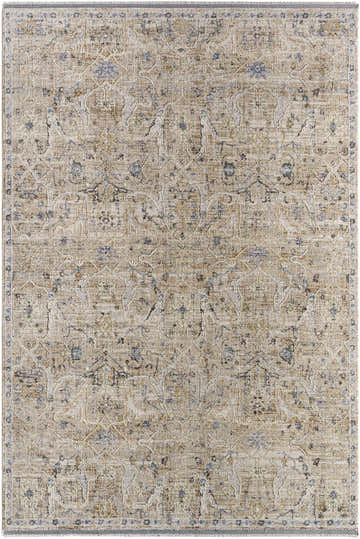 Detailed texture of the Margo Area Rug in dusty sage and gray, featuring a traditional, machine-woven design. Design-Rectangle-6796