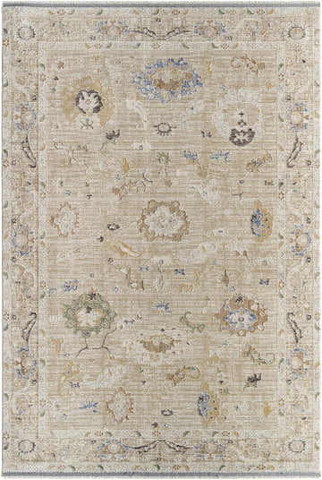 Close-up of the Nikki Area Rug in beachhouse beige, showcasing its traditional floral pattern and soft, textured weave. Design-Rectangle-6796