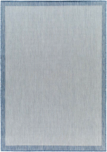 Close-up of the Aleid Blue Area Rug, showcasing its woven texture, denim blue border, and geometric pattern. Design-Rectangle-537