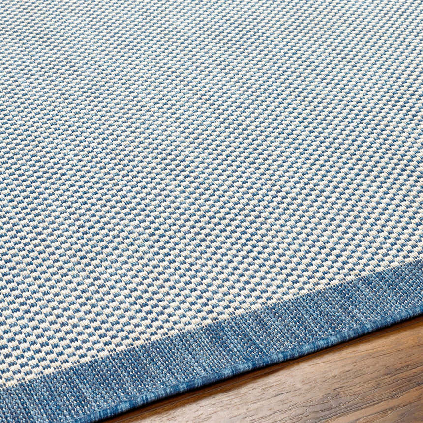 Close-up of the Aleid Blue Area Rug showing its woven texture and geometric pattern in arctic sky and white. Texture