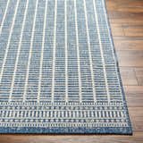 Close-up of the Amena Blue Area Rug showing its geometric pattern and blue and beige color palette. Front