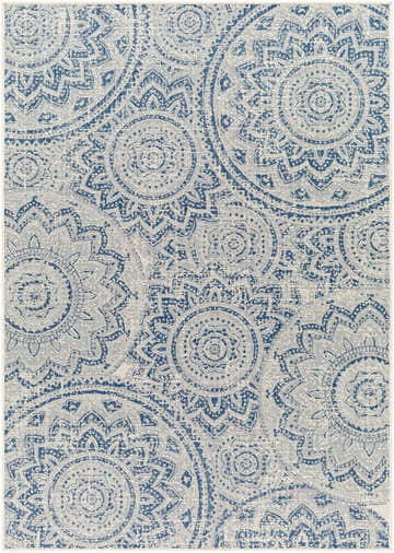 Close-up of the Ayala Blue Durable Rug featuring a traditional medallion pattern in arctic sky and stone hues. Design-Rectangle-537